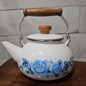 Rare Lincoware Enamel Teapot - Corelle Blue Velvet Rose - Cottagecore Farmhouse